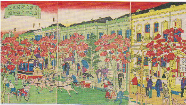 Figure 1: (Illustration of Ginza brickstone in Tokyo No. 2 Landmarks) Hiroshige (3rd) 1874