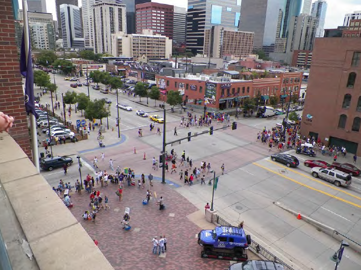 Figure 3.3 – 1: Denver’s emphasis on walkability in its Lower Downtown are manifested in wide sidewalks, at-grade crossings, short blocks, and various other pedestrian amenities.