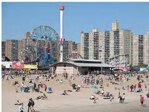 Figure 3.4 – 2: Coney Island progresses quickly from beachfront, amusement park, and commercial activity, to high density residential. This is a rare, albeit strong example of residences being directly adjacent to entertainment and recreation land uses.