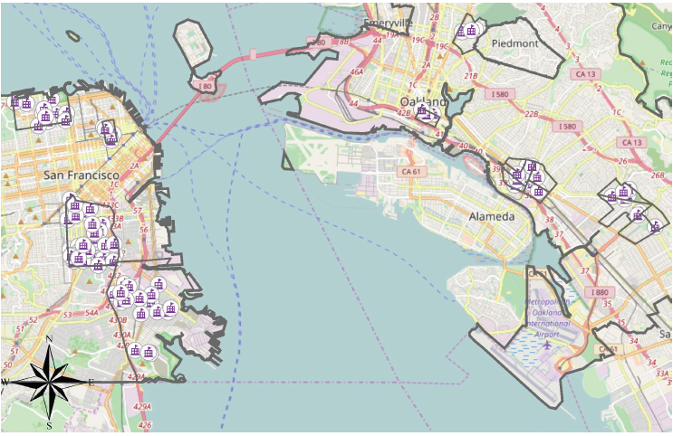Map of schools in San Francisco and Oakland by neighborhood
